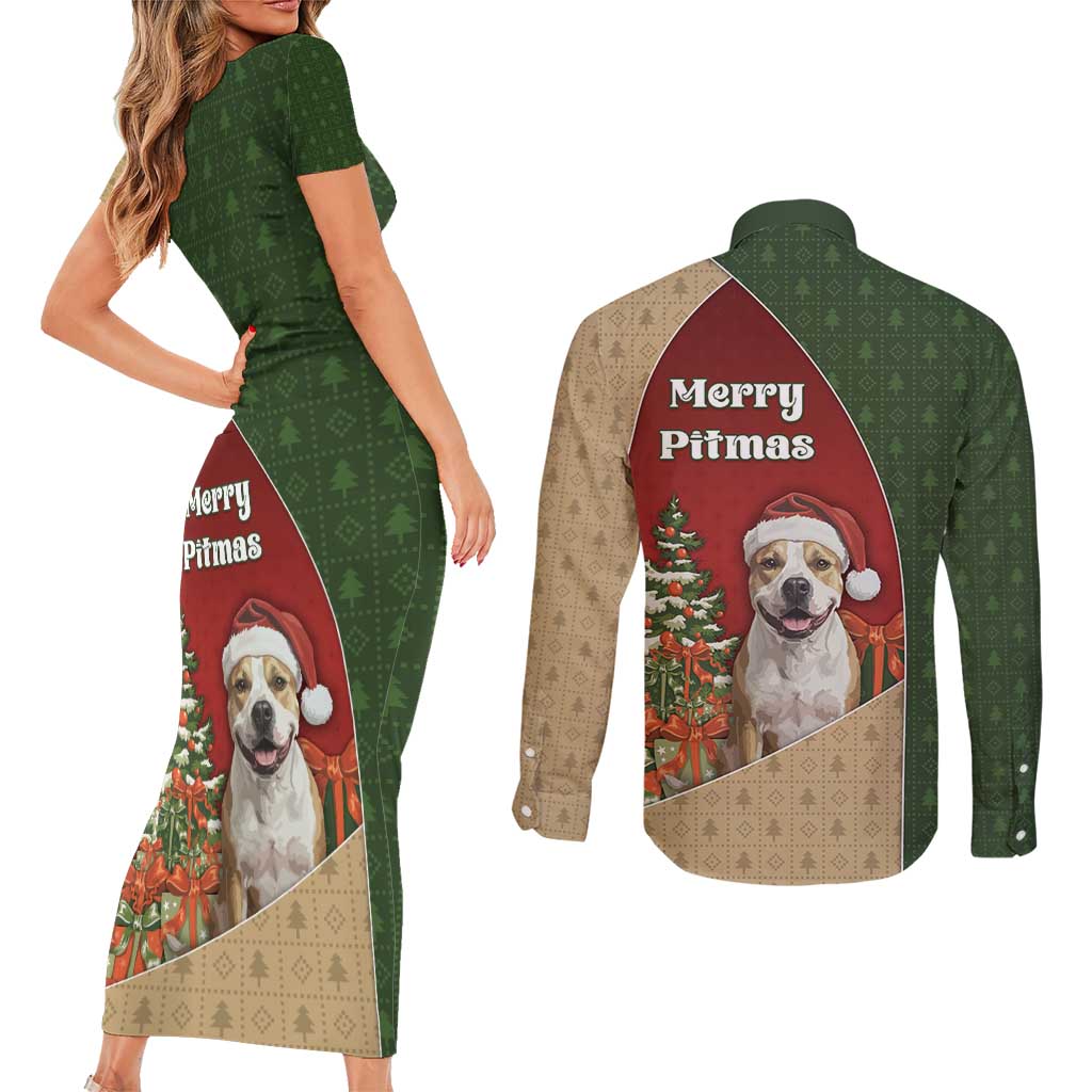 Merry Pitmas Couples Matching Short Sleeve Bodycon Dress and Long Sleeve Button Shirt Santa Baby Slip A Pittie Under The Tree For Me - Wonder Print Shop