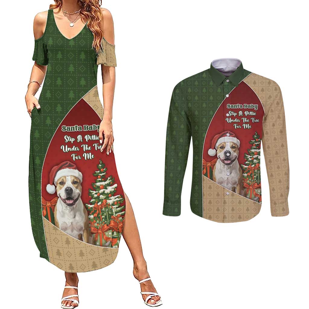 Merry Pitmas Couples Matching Summer Maxi Dress and Long Sleeve Button Shirt Santa Baby Slip A Pittie Under The Tree For Me - Wonder Print Shop