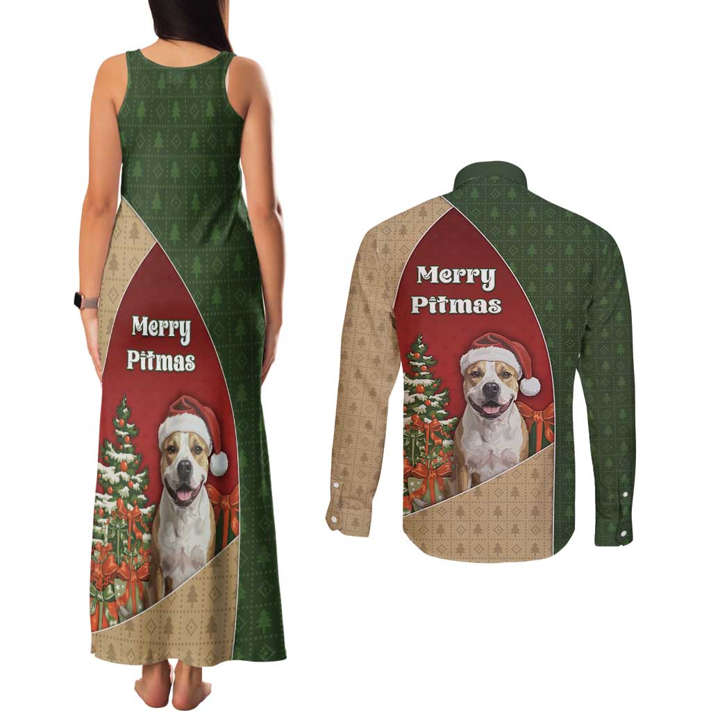 Merry Pitmas Couples Matching Tank Maxi Dress and Long Sleeve Button Shirt Santa Baby Slip A Pittie Under The Tree For Me - Wonder Print Shop