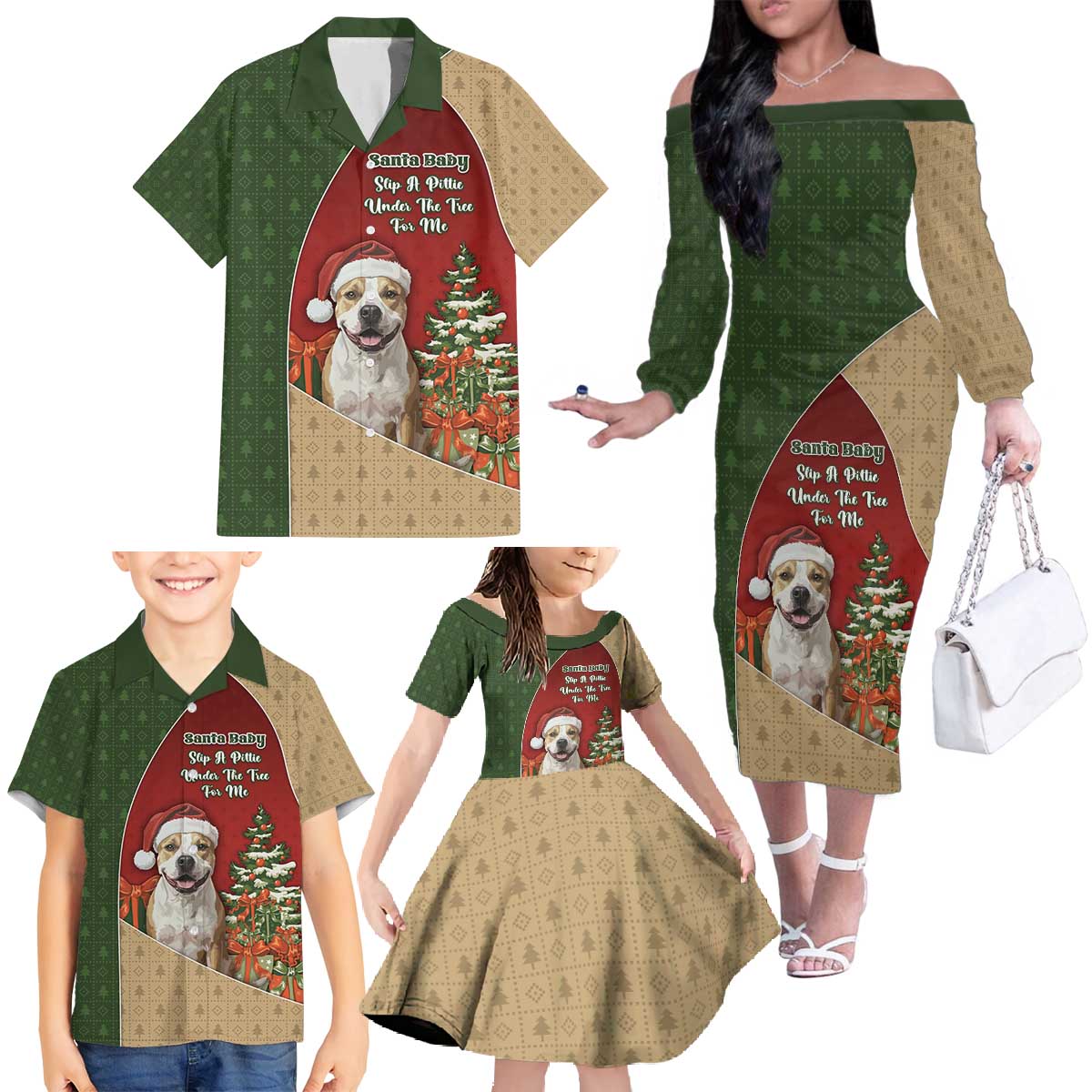 Merry Pitmas Family Matching Off The Shoulder Long Sleeve Dress and Hawaiian Shirt Santa Baby Slip A Pittie Under The Tree For Me - Wonder Print Shop
