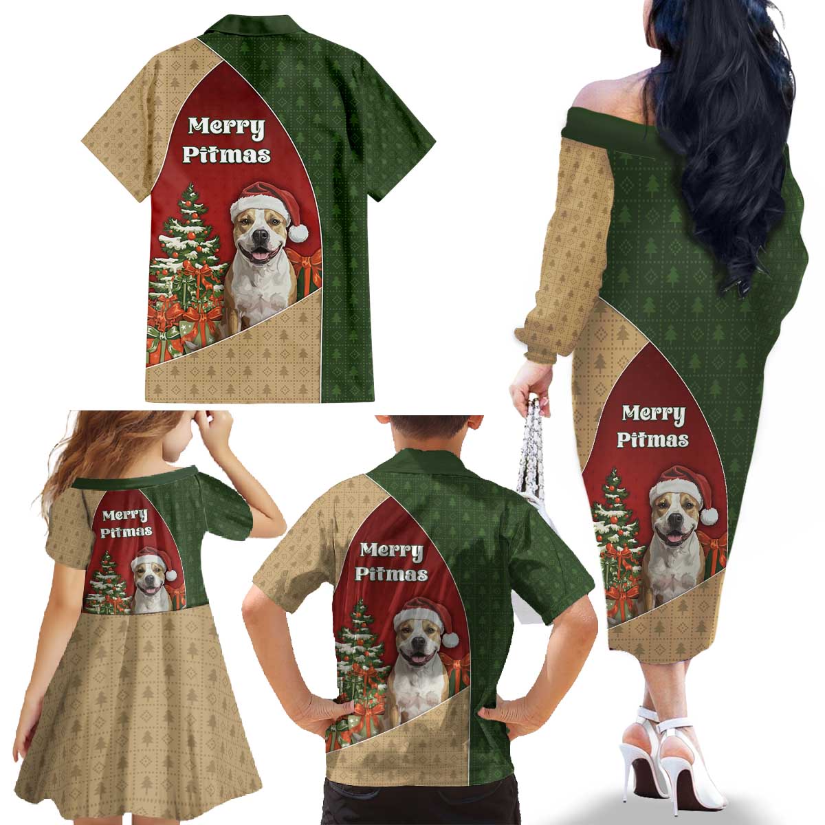 Merry Pitmas Family Matching Off The Shoulder Long Sleeve Dress and Hawaiian Shirt Santa Baby Slip A Pittie Under The Tree For Me - Wonder Print Shop