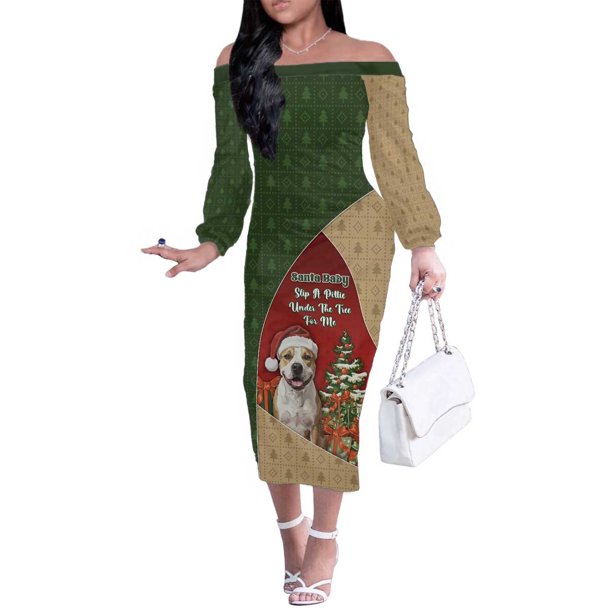 Merry Pitmas Family Matching Off The Shoulder Long Sleeve Dress and Hawaiian Shirt Santa Baby Slip A Pittie Under The Tree For Me - Wonder Print Shop