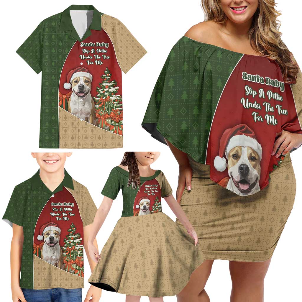 Merry Pitmas Family Matching Off Shoulder Short Dress and Hawaiian Shirt Santa Baby Slip A Pittie Under The Tree For Me - Wonder Print Shop