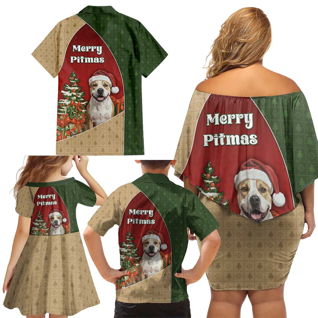 Merry Pitmas Family Matching Off Shoulder Short Dress and Hawaiian Shirt Santa Baby Slip A Pittie Under The Tree For Me - Wonder Print Shop