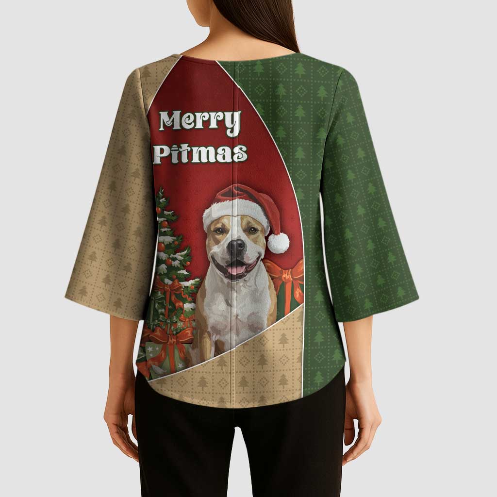 Merry Pitmas Kimono Sleeve Blouse Santa Baby Slip A Pittie Under The Tree For Me - Wonder Print Shop