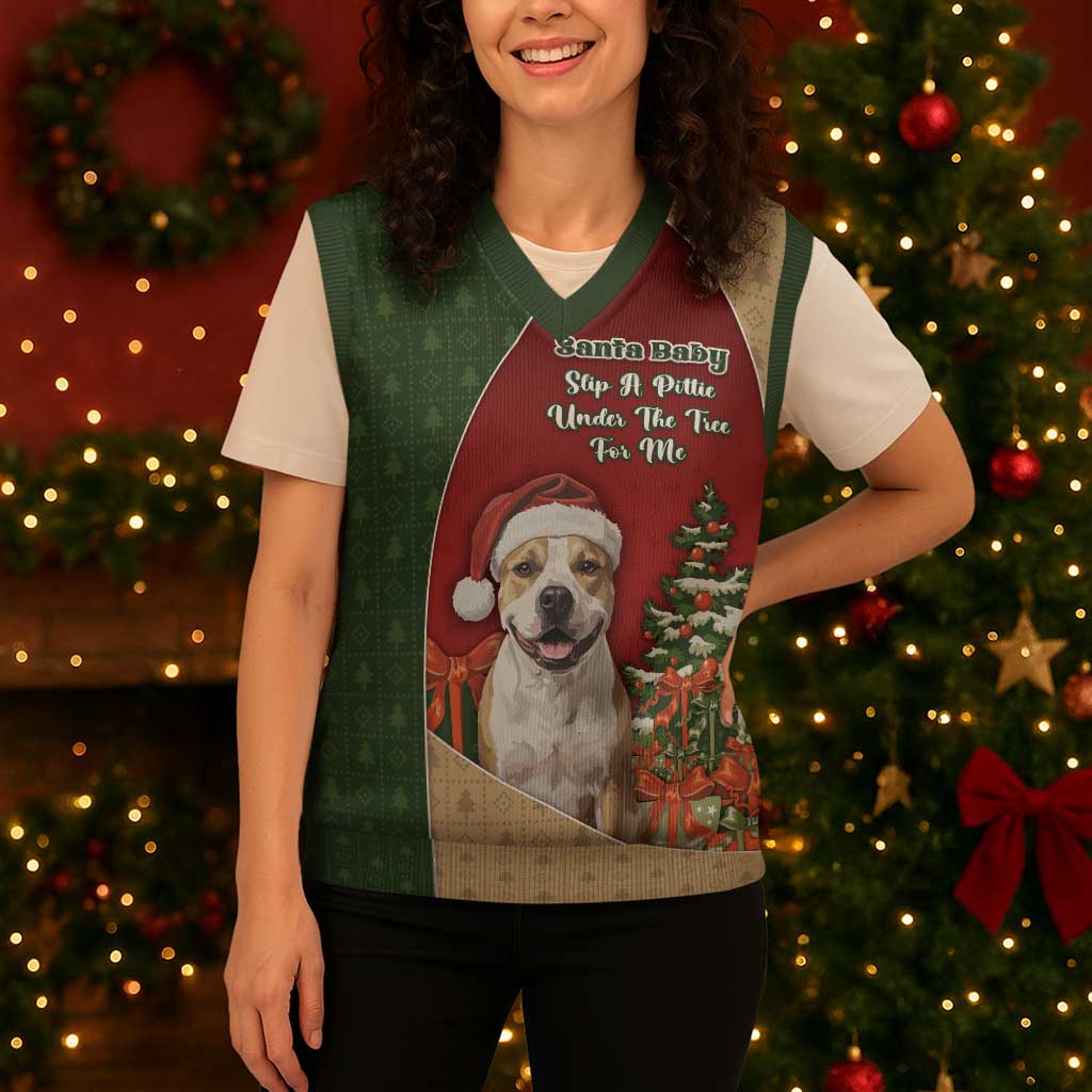 Merry Pitmas Christmas Knitted V-Neck Vest Santa Baby Slip A Pittie Under The Tree For Me - Wonder Print Shop