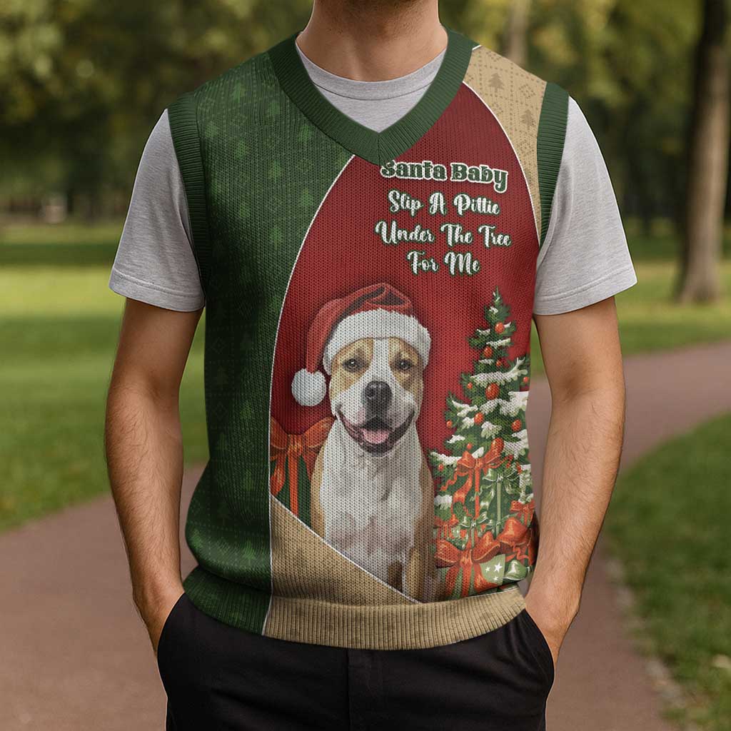 Merry Pitmas Christmas Knitted V-Neck Vest Santa Baby Slip A Pittie Under The Tree For Me - Wonder Print Shop
