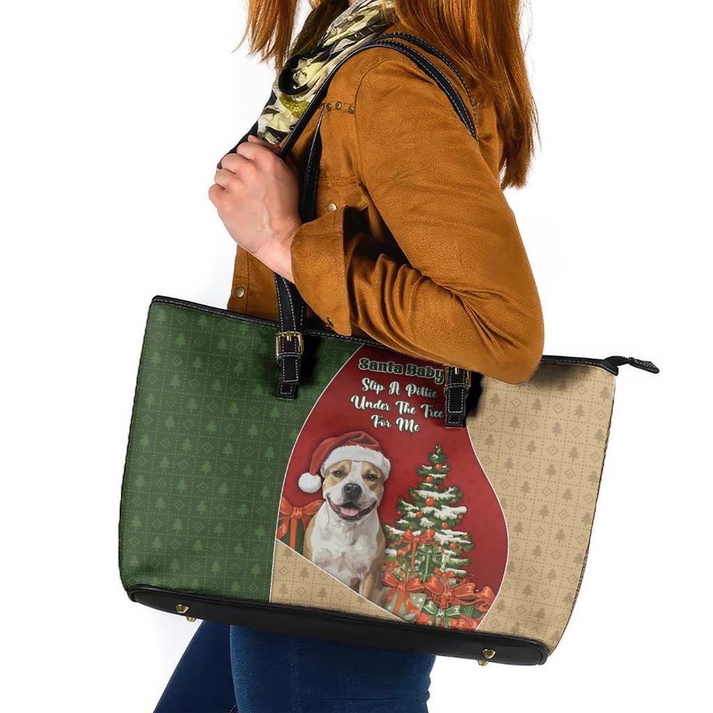 Merry Pitmas Leather Tote Bag Santa Baby Slip A Pittie Under The Tree For Me - Wonder Print Shop