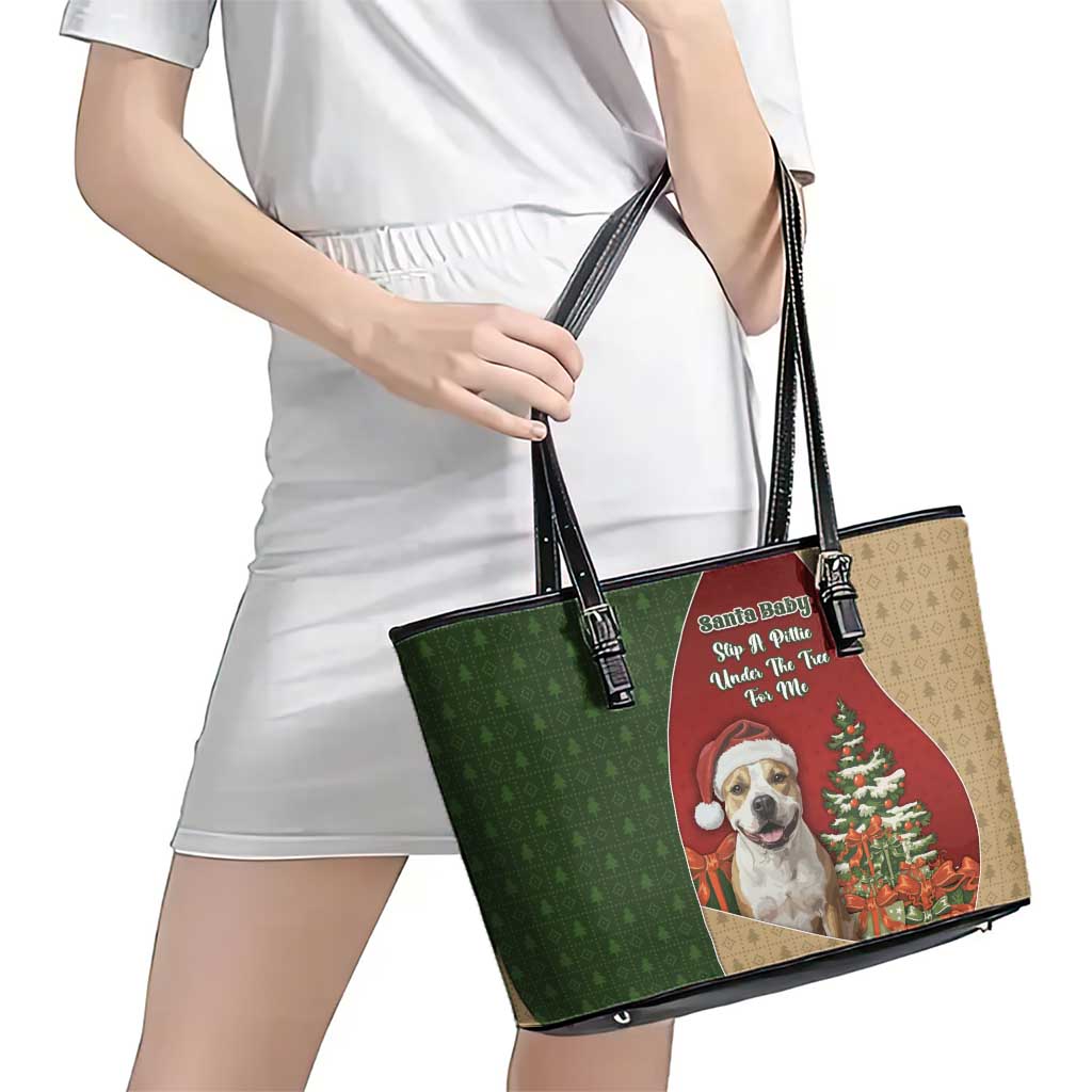 Merry Pitmas Leather Tote Bag Santa Baby Slip A Pittie Under The Tree For Me - Wonder Print Shop