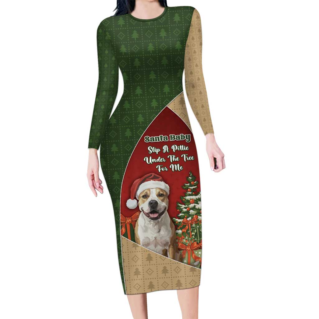 Merry Pitmas Long Sleeve Bodycon Dress Santa Baby Slip A Pittie Under The Tree For Me - Wonder Print Shop