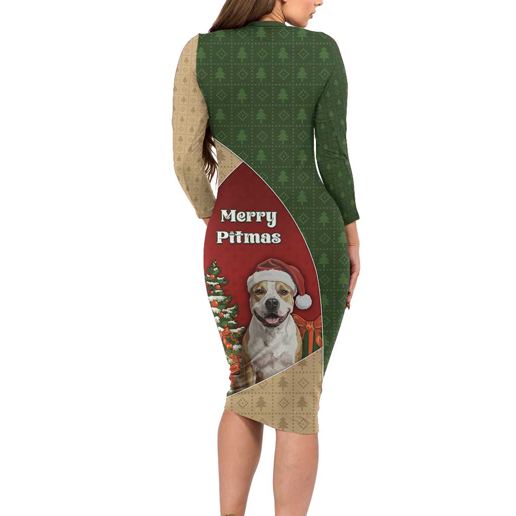 Merry Pitmas Long Sleeve Bodycon Dress Santa Baby Slip A Pittie Under The Tree For Me - Wonder Print Shop