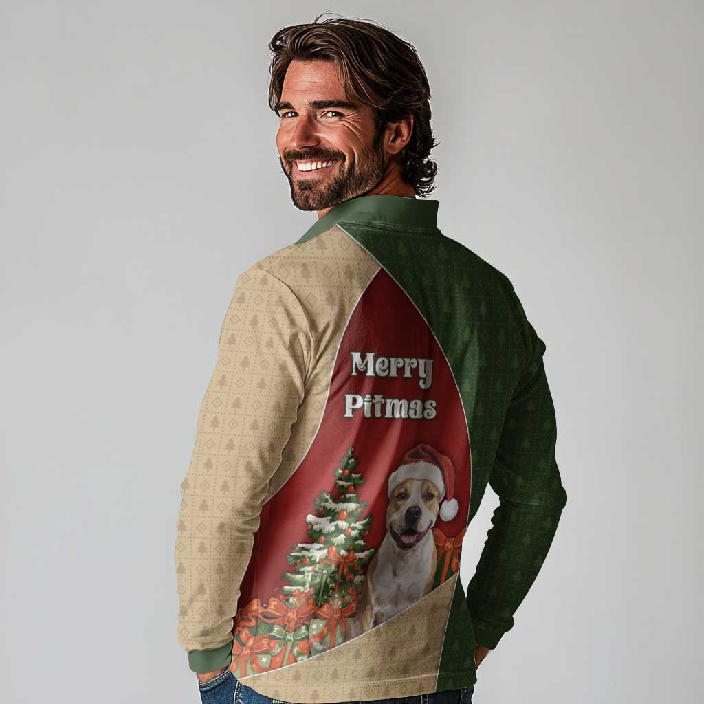Merry Pitmas Long Sleeve Polo Shirt Santa Baby Slip A Pittie Under The Tree For Me - Wonder Print Shop