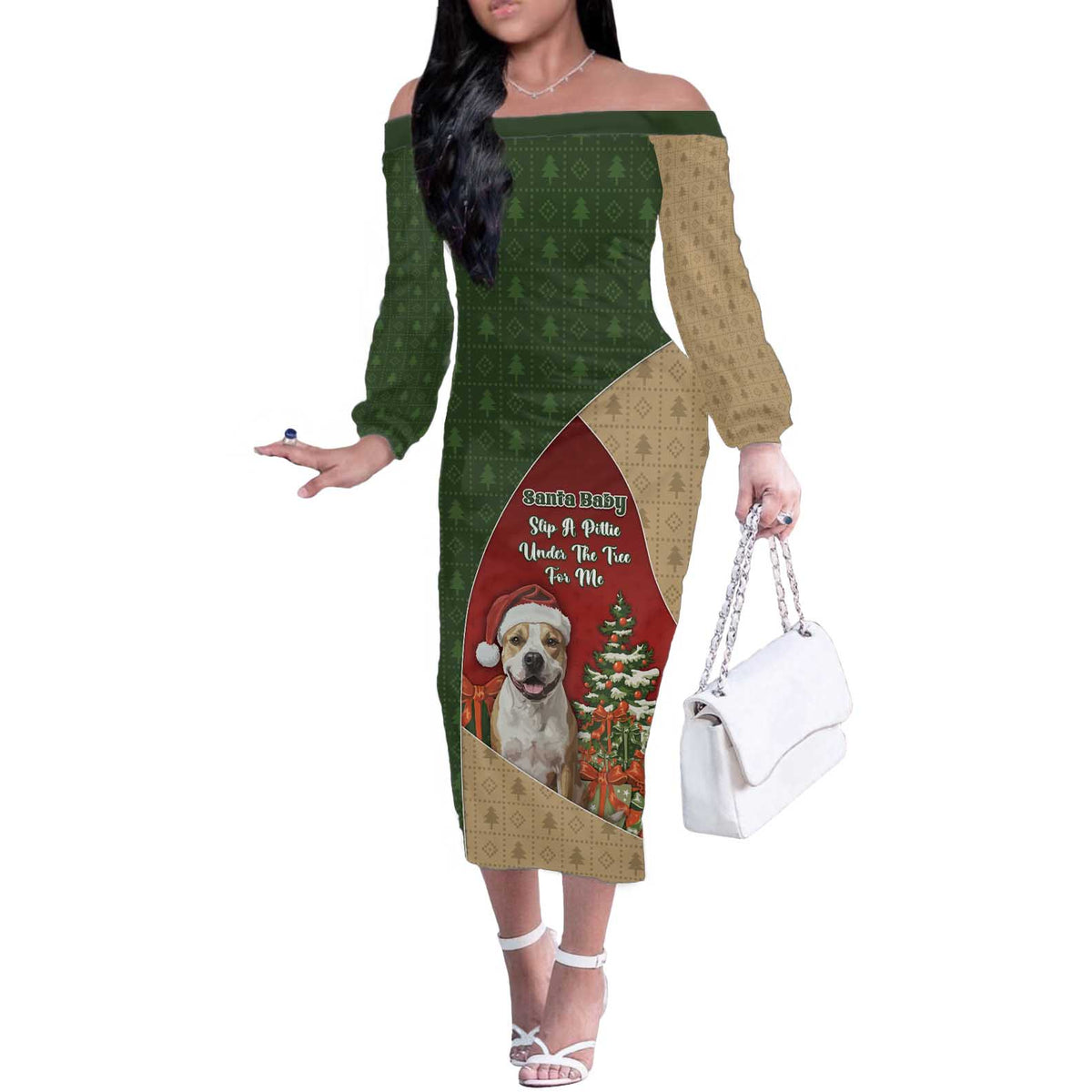 Merry Pitmas Off The Shoulder Long Sleeve Dress Santa Baby Slip A Pittie Under The Tree For Me - Wonder Print Shop