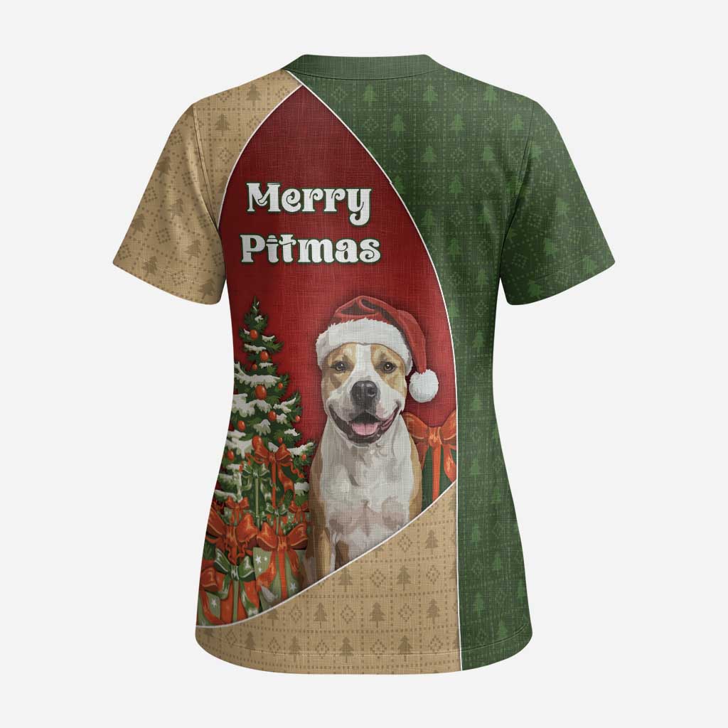 Merry Pitmas Scrub Top Santa Baby Slip A Pittie Under The Tree For Me - Wonder Print Shop