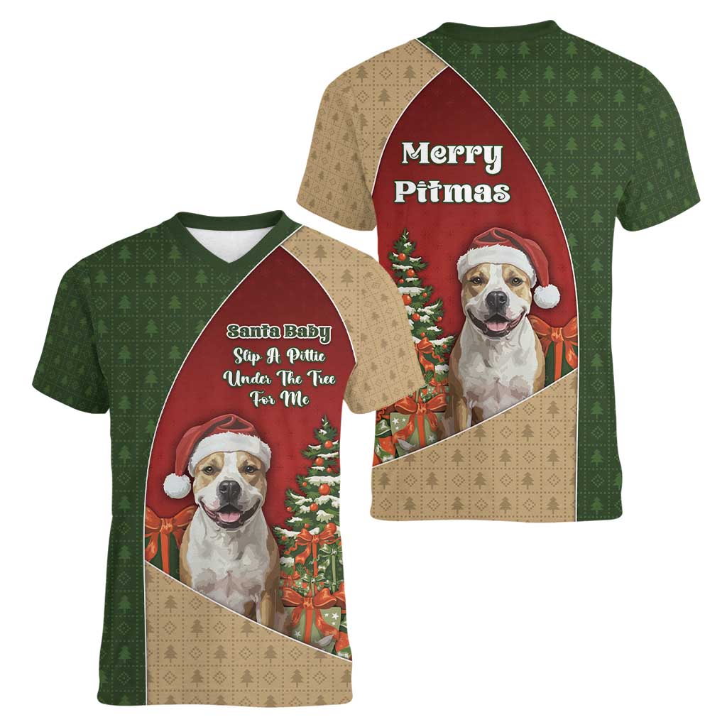 Merry Pitmas Women V-Neck T-Shirt Santa Baby Slip A Pittie Under The Tree For Me - Wonder Print Shop
