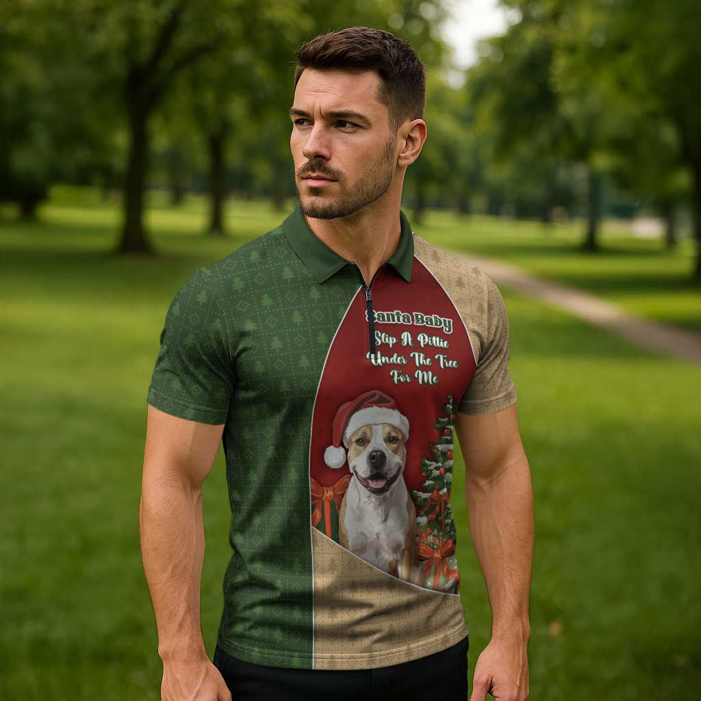 Merry Pitmas Zipper Polo Shirt Santa Baby Slip A Pittie Under The Tree For Me - Wonder Print Shop
