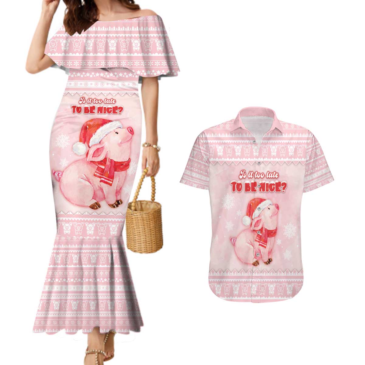 Merry Pigmas Couples Matching Mermaid Dress and Hawaiian Shirt Is It Too Late To Be Nice - Wonder Print Shop