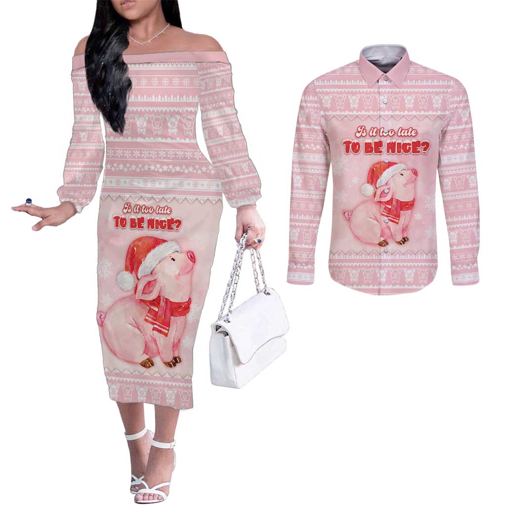 Merry Pigmas Couples Matching Off The Shoulder Long Sleeve Dress and Long Sleeve Button Shirt Is It Too Late To Be Nice - Wonder Print Shop