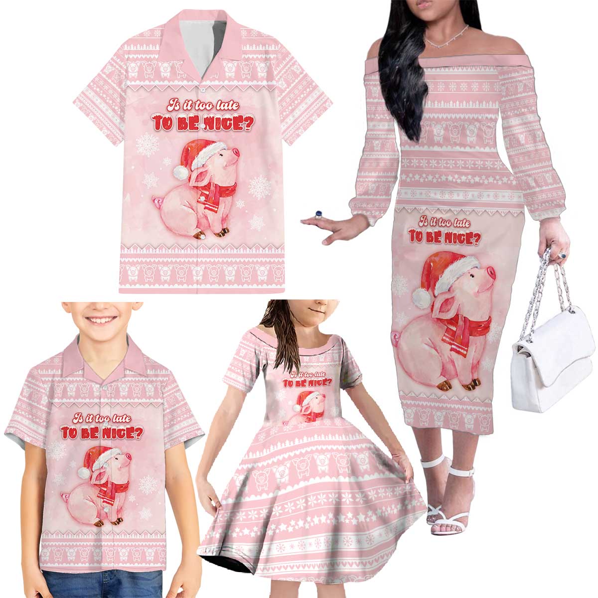 Merry Pigmas Family Matching Off The Shoulder Long Sleeve Dress and Hawaiian Shirt Is It Too Late To Be Nice - Wonder Print Shop