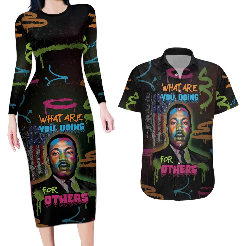 Martin Luther King Jr Day Couples Matching Long Sleeve Bodycon Dress and Hawaiian Shirt What Are You Doing For Others - Wonder Print Shop