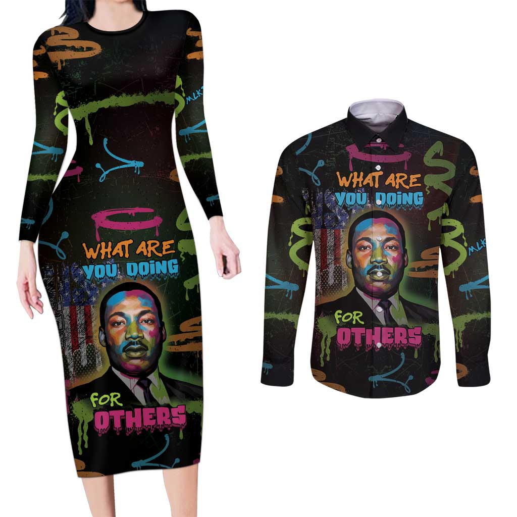 Martin Luther King Jr Day Couples Matching Long Sleeve Bodycon Dress and Long Sleeve Button Shirt What Are You Doing For Others - Wonder Print Shop
