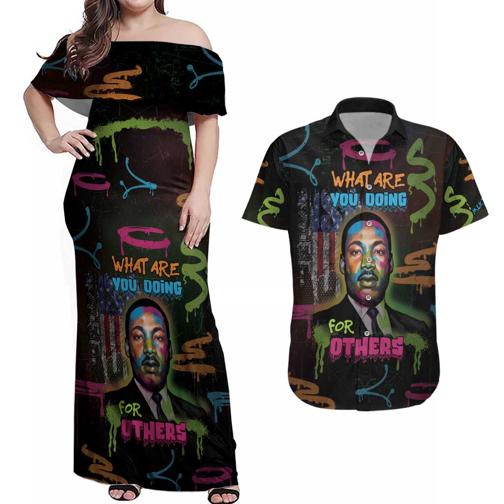 Martin Luther King Jr Day Couples Matching Off Shoulder Maxi Dress and Hawaiian Shirt What Are You Doing For Others - Wonder Print Shop