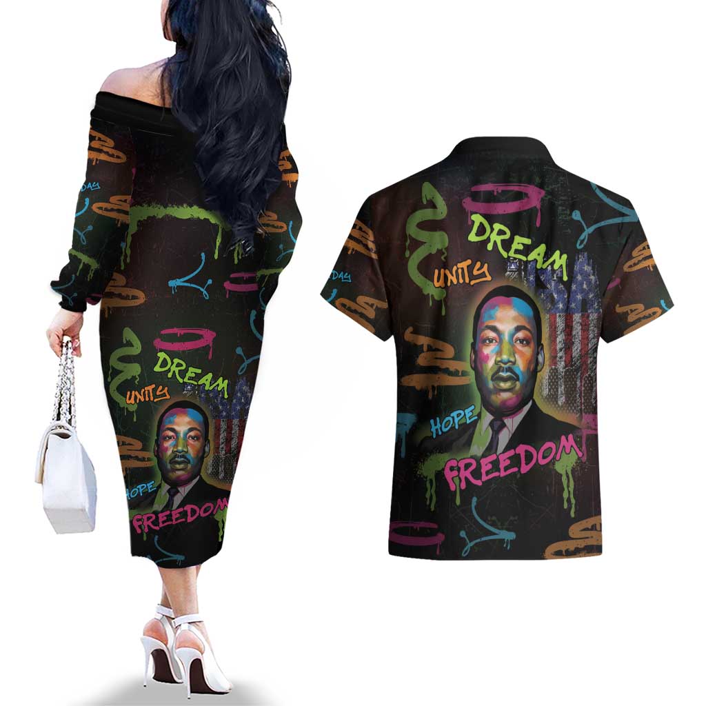 Martin Luther King Jr Day Couples Matching Off The Shoulder Long Sleeve Dress and Hawaiian Shirt What Are You Doing For Others - Wonder Print Shop