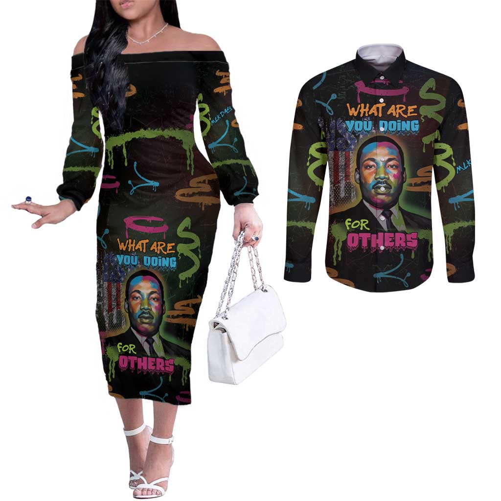 Martin Luther King Jr Day Couples Matching Off The Shoulder Long Sleeve Dress and Long Sleeve Button Shirt What Are You Doing For Others - Wonder Print Shop