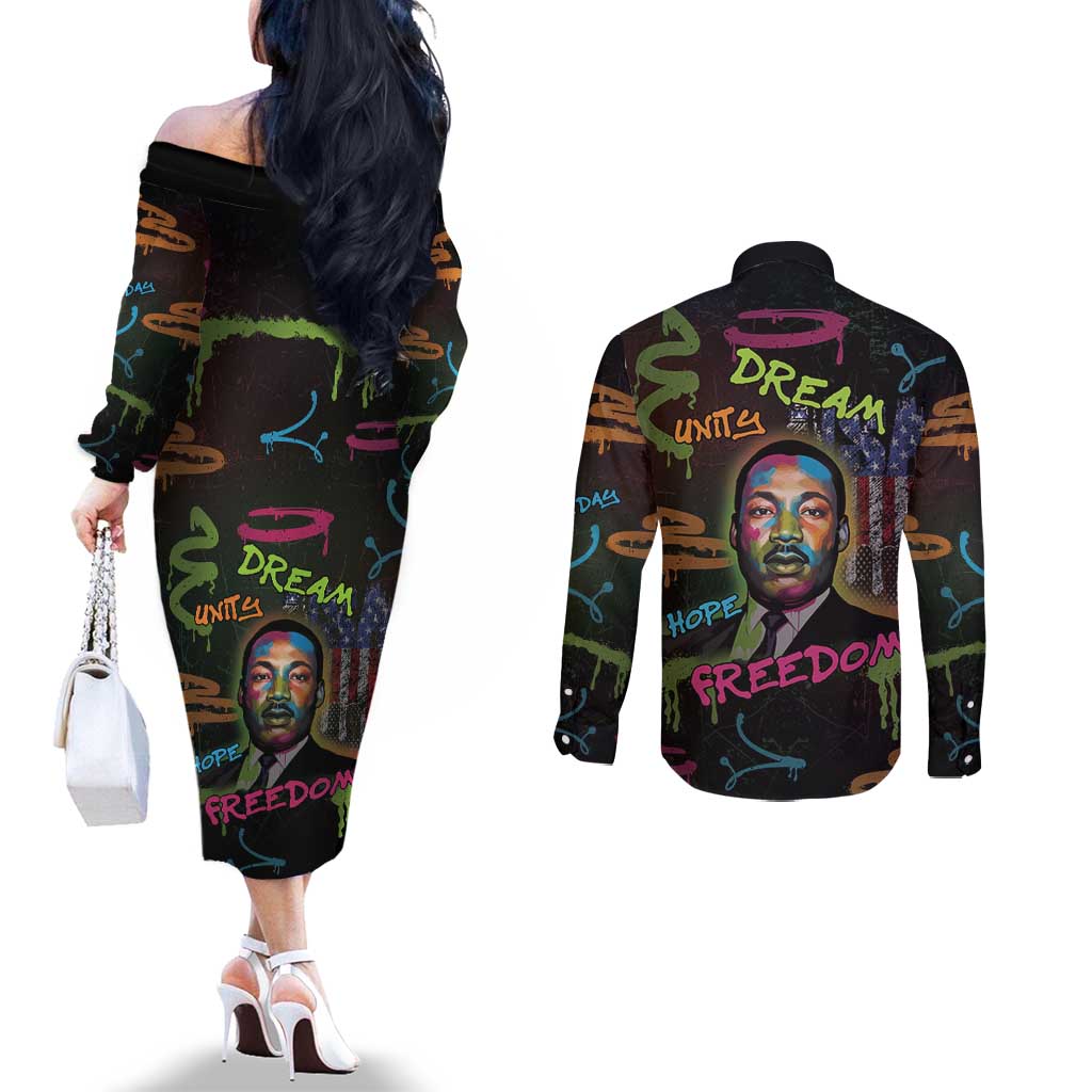 Martin Luther King Jr Day Couples Matching Off The Shoulder Long Sleeve Dress and Long Sleeve Button Shirt What Are You Doing For Others - Wonder Print Shop
