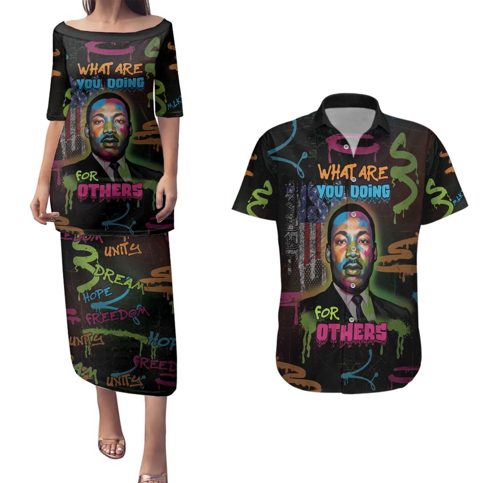 Martin Luther King Jr Day Couples Matching Puletasi and Hawaiian Shirt What Are You Doing For Others - Wonder Print Shop
