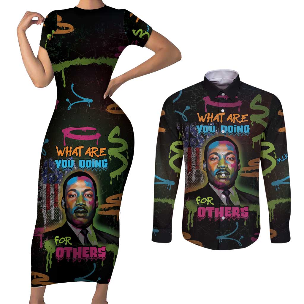 Martin Luther King Jr Day Couples Matching Short Sleeve Bodycon Dress and Long Sleeve Button Shirt What Are You Doing For Others - Wonder Print Shop