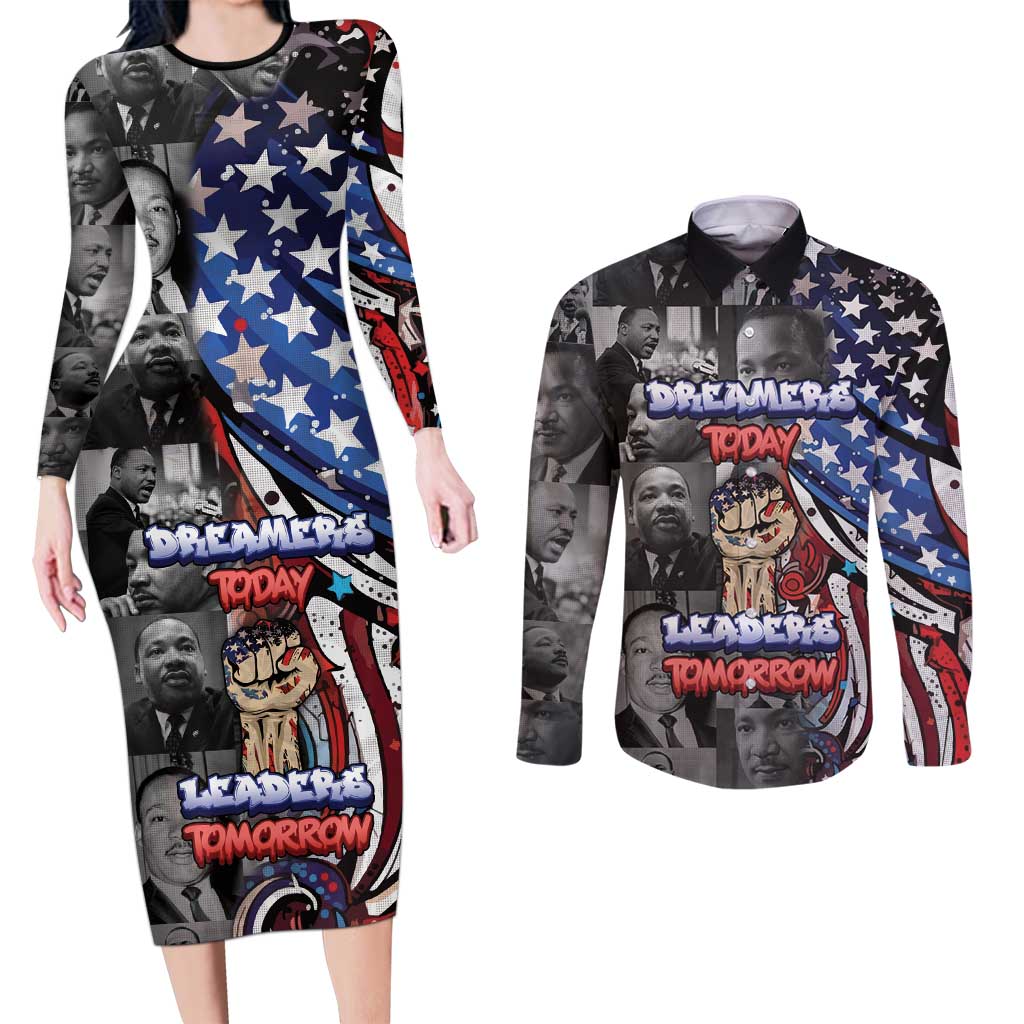 Martin Luther King Jr Day Couples Matching Long Sleeve Bodycon Dress and Long Sleeve Button Shirt Dreamers Today Leaders Tomorrow - Wonder Print Shop