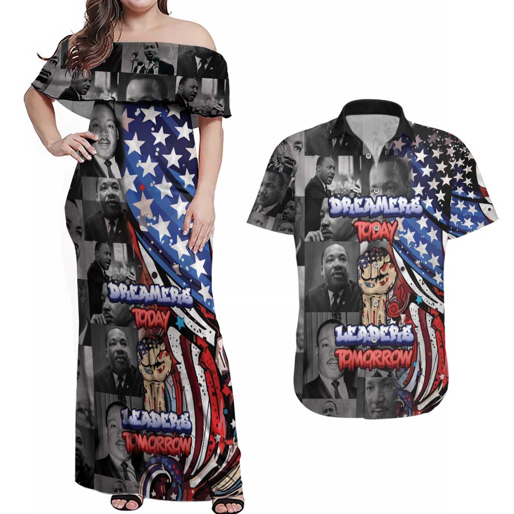Martin Luther King Jr Day Couples Matching Off Shoulder Maxi Dress and Hawaiian Shirt Dreamers Today Leaders Tomorrow - Wonder Print Shop