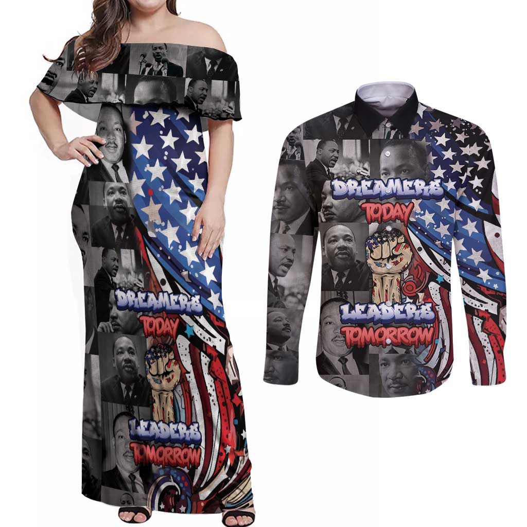 Martin Luther King Jr Day Couples Matching Off Shoulder Maxi Dress and Long Sleeve Button Shirt Dreamers Today Leaders Tomorrow - Wonder Print Shop
