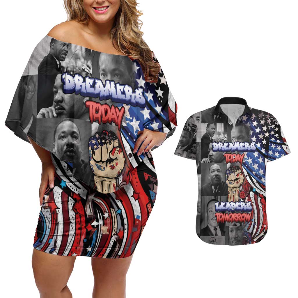 Martin Luther King Jr Day Couples Matching Off Shoulder Short Dress and Hawaiian Shirt Dreamers Today Leaders Tomorrow - Wonder Print Shop