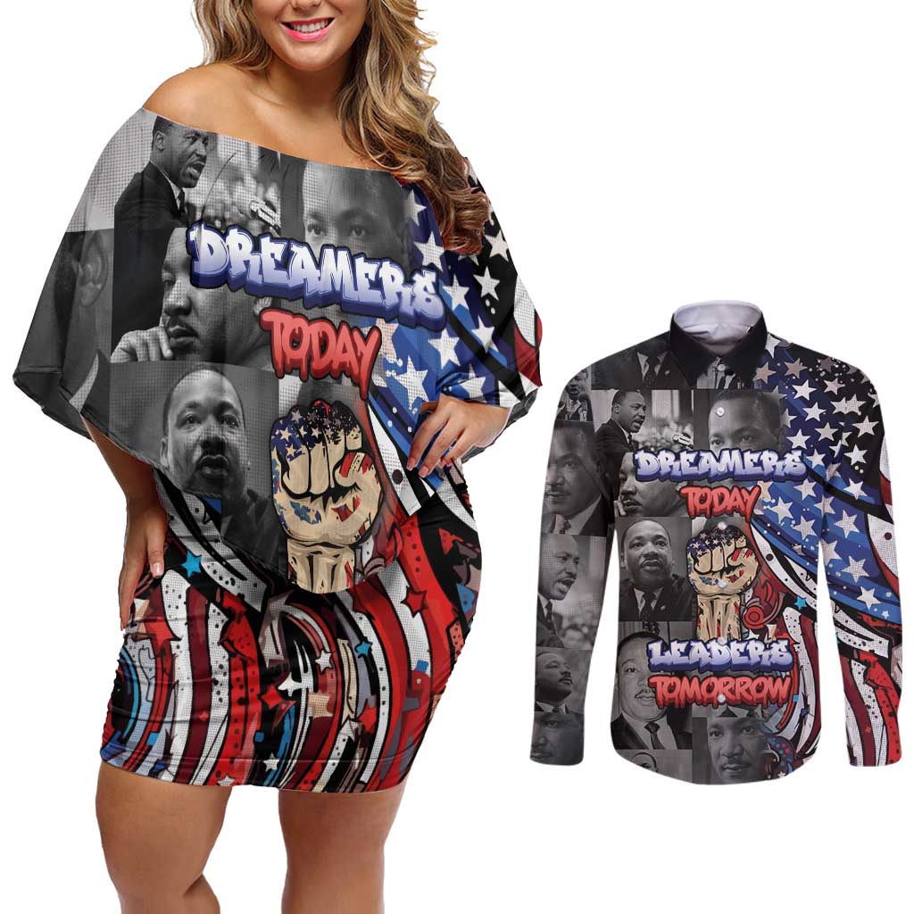 Martin Luther King Jr Day Couples Matching Off Shoulder Short Dress and Long Sleeve Button Shirt Dreamers Today Leaders Tomorrow - Wonder Print Shop