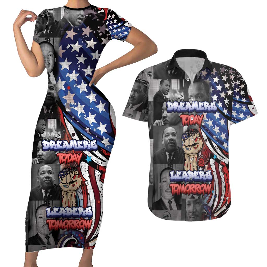 Martin Luther King Jr Day Couples Matching Short Sleeve Bodycon Dress and Hawaiian Shirt Dreamers Today Leaders Tomorrow - Wonder Print Shop