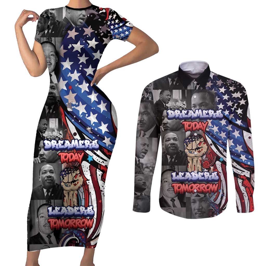 Martin Luther King Jr Day Couples Matching Short Sleeve Bodycon Dress and Long Sleeve Button Shirt Dreamers Today Leaders Tomorrow - Wonder Print Shop