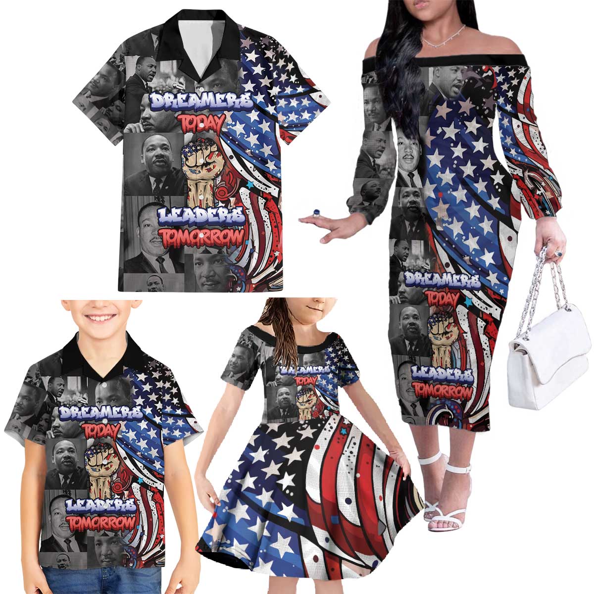 Martin Luther King Jr Day Family Matching Off The Shoulder Long Sleeve Dress and Hawaiian Shirt Dreamers Today Leaders Tomorrow - Wonder Print Shop