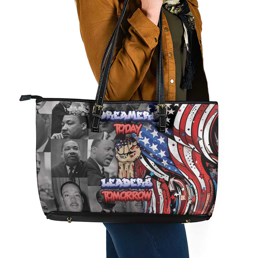 Martin Luther King Jr Day Leather Tote Bag Dreamers Today Leaders Tomorrow - Wonder Print Shop