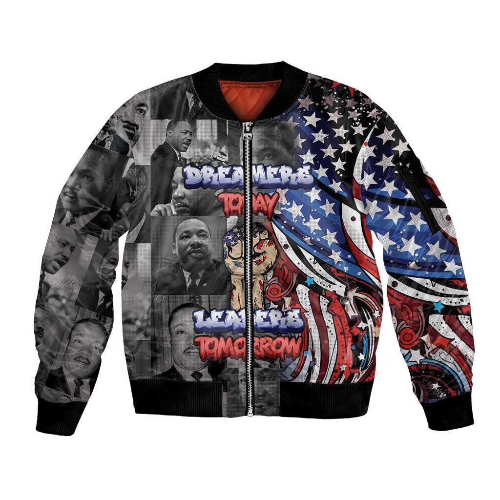 Martin Luther King Jr Day Sleeve Zip Bomber Jacket Dreamers Today Leaders Tomorrow - Wonder Print Shop