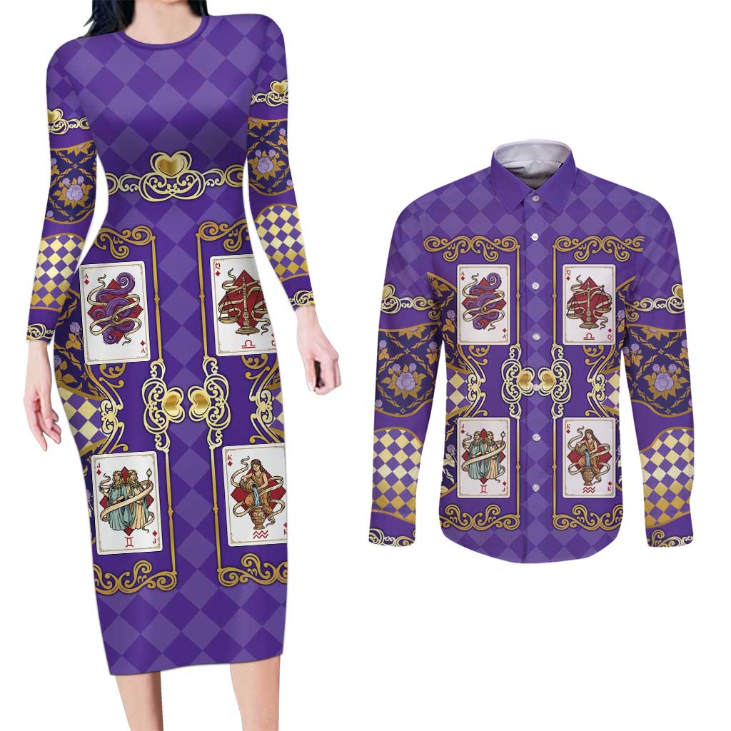 Zodiac Signs Couples Matching Long Sleeve Bodycon Dress and Long Sleeve Button Shirt The Air Element Baroque Diamonds Card