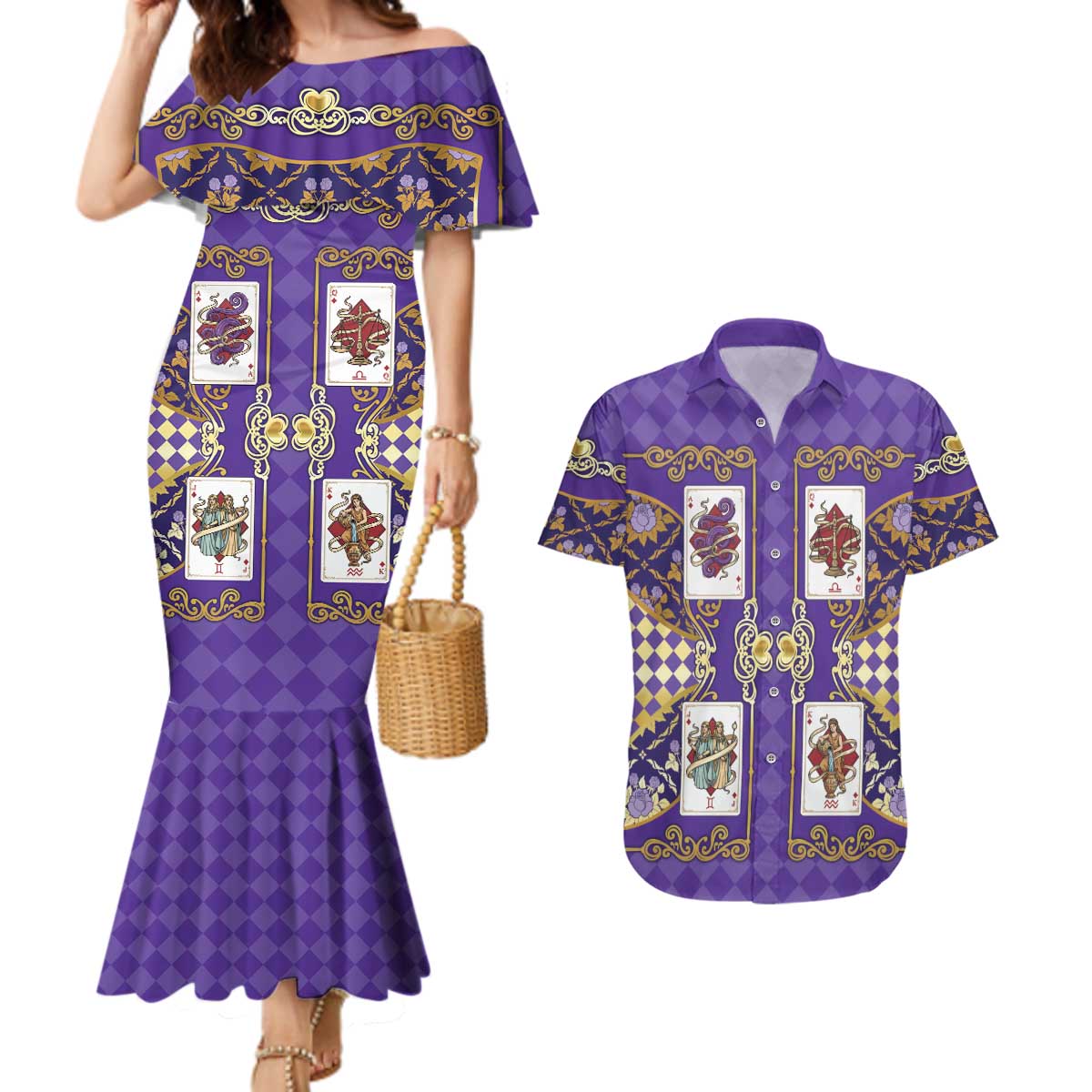Zodiac Signs Couples Matching Mermaid Dress and Hawaiian Shirt The Air Element Baroque Diamonds Card