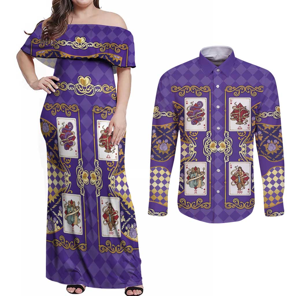 Zodiac Signs Couples Matching Off Shoulder Maxi Dress and Long Sleeve Button Shirt The Air Element Baroque Diamonds Card