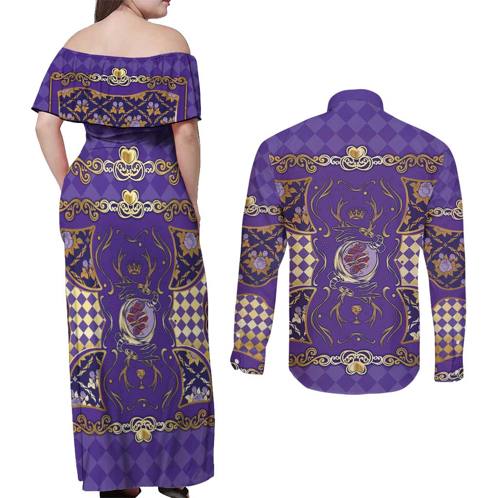 Zodiac Signs Couples Matching Off Shoulder Maxi Dress and Long Sleeve Button Shirt The Air Element Baroque Diamonds Card