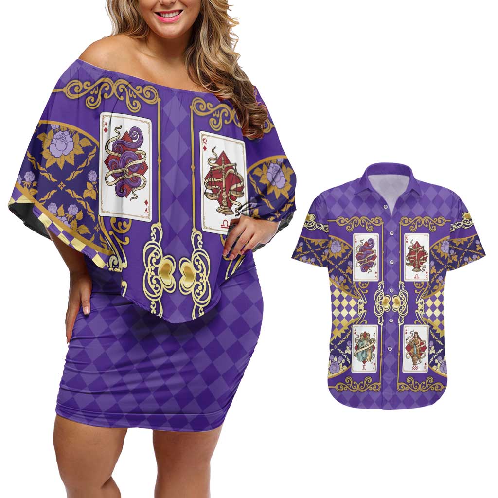 Zodiac Signs Couples Matching Off Shoulder Short Dress and Hawaiian Shirt The Air Element Baroque Diamonds Card