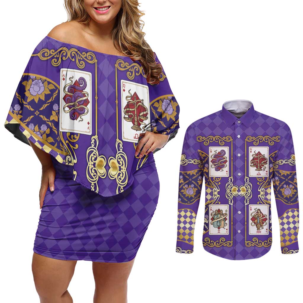 Zodiac Signs Couples Matching Off Shoulder Short Dress and Long Sleeve Button Shirt The Air Element Baroque Diamonds Card