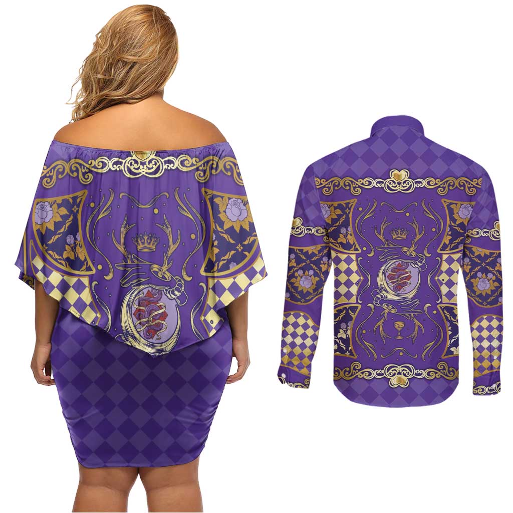 Zodiac Signs Couples Matching Off Shoulder Short Dress and Long Sleeve Button Shirt The Air Element Baroque Diamonds Card