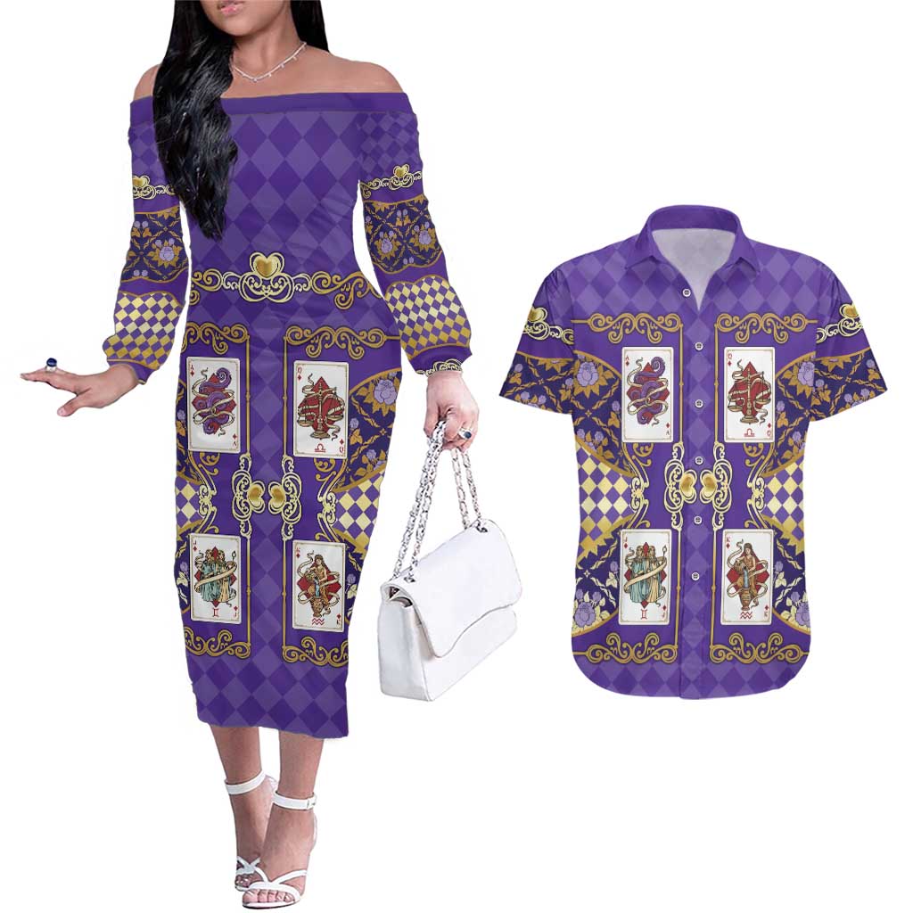 Zodiac Signs Couples Matching Off The Shoulder Long Sleeve Dress and Hawaiian Shirt The Air Element Baroque Diamonds Card