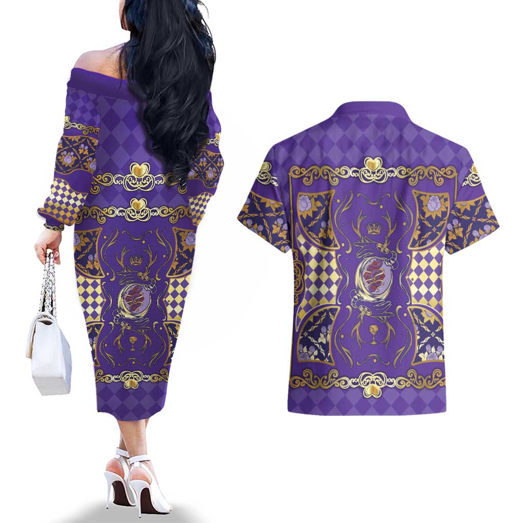 Zodiac Signs Couples Matching Off The Shoulder Long Sleeve Dress and Hawaiian Shirt The Air Element Baroque Diamonds Card